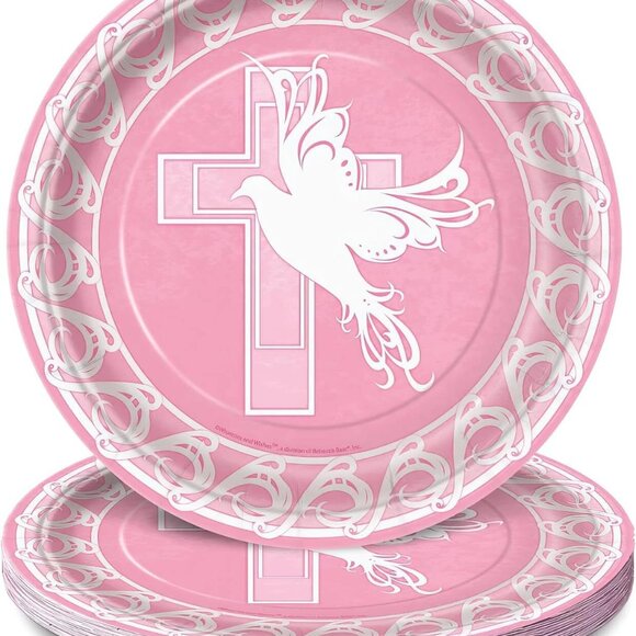 Pink Religious Dove Cross Round Dinner Paper Plates Communion Supplies 8 Count - Picture 1 of 2